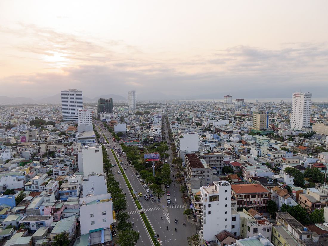 The Da Nang skyline at sunset, mid-rebuild after the 2025 closures